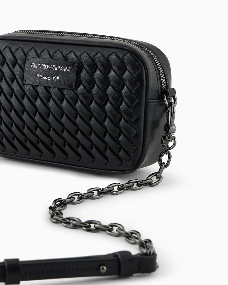 Emporio Armani - Interwoven leather camera case with chain shoulder strap, Woman, Black, Size: TU