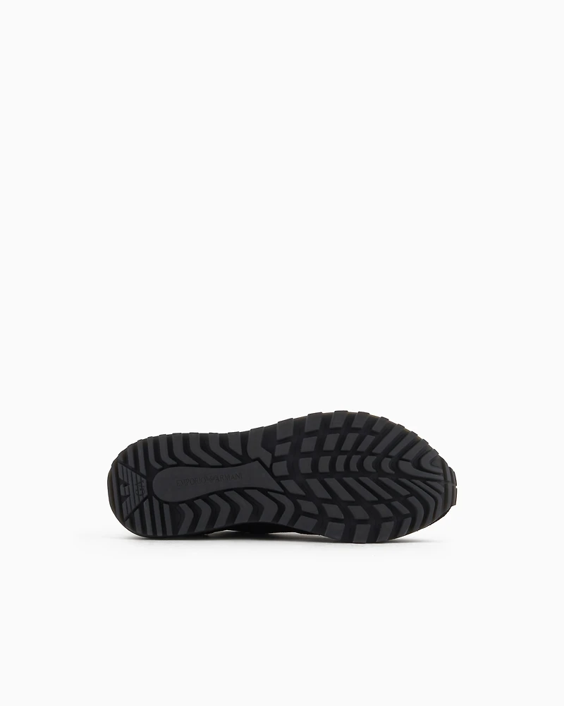 Emporio Armani - Knit sneakers with suede details, Man, Black, Size: