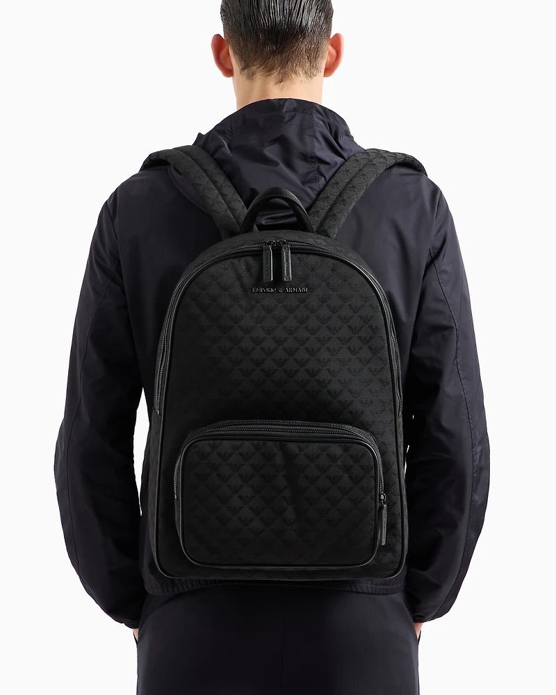 Emporio Armani - Nylon backpack with all-over jacquard eagle, Man, Black, Size: TU