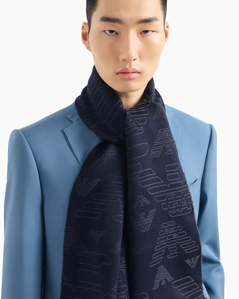 Emporio Armani - Wool scarf with all-over jacquard eagle, Man, Blue, Size: TU