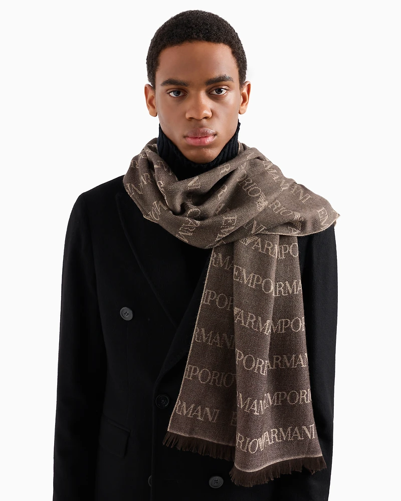 Emporio Armani - Virgin-wool blend scarf with jacquard logo lettering and fringes, Man, Brown, Size: TU