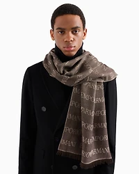 Emporio Armani - Virgin-wool blend scarf with jacquard logo lettering and fringes, Man, Brown, Size: TU