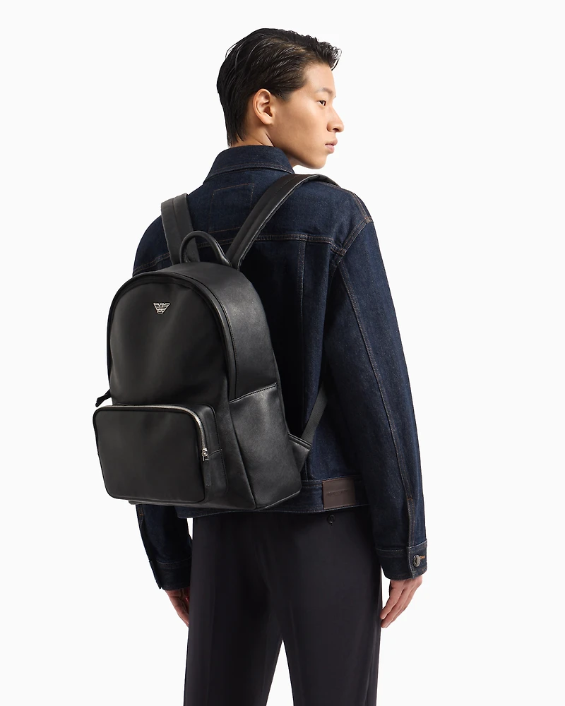 Emporio Armani - ASV regenerated Saffiano leather round backpack with eagle plate, Man, Black, Size: TU