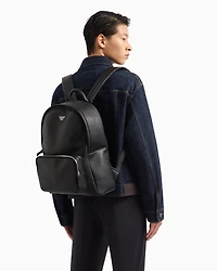 Emporio Armani - ASV regenerated Saffiano leather round backpack with eagle plate, Man, Black, Size: TU