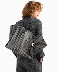 Emporio Armani - Oversized shopper bag with all-over monogram print, Woman, Black, Size: TU