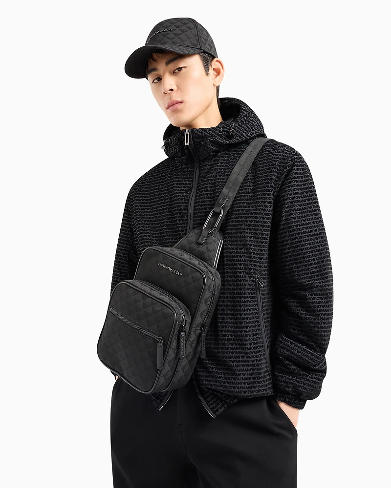 Emporio Armani - Nylon one-shoulder backpack with all-over jacquard eagle, Man, Black, Size: TU
