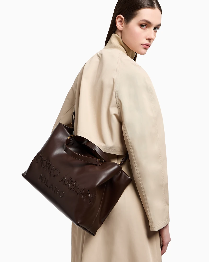 Emporio Armani - MyEA shopper bag in interwoven logo leather, Woman, Brown, Size: TU