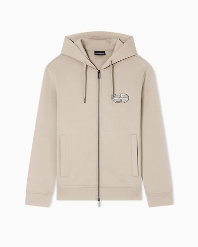 Emporio Armani - Double-jersey zip-up hooded sweatshirt with embossed, embroidered EA logo, Man, Beige, Size: