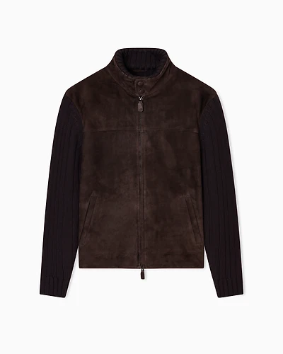Emporio Armani - Suede and wool-blend knit blouson, Man, Grey, Size: