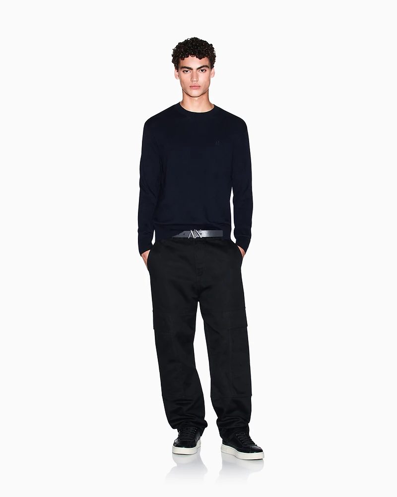 Armani Exchange -  Cotton Blend Crew Neck Sweater, Man, Navy Blue, Size: