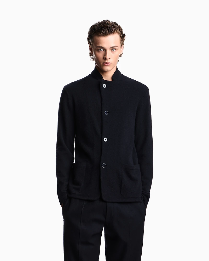 Emporio Armani - Icon plain-knit pure cashmere jacket, Man, Navy Blue, Size: