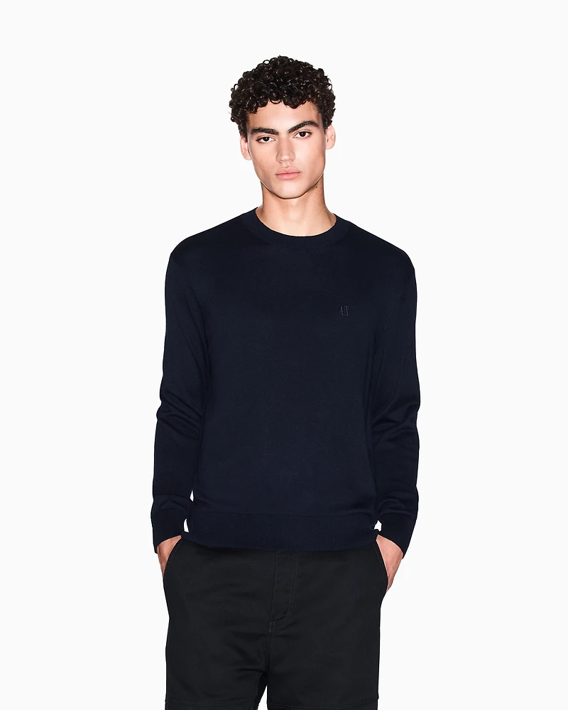 Armani Exchange -  Cotton Blend Crew Neck Sweater, Man, Navy Blue, Size: