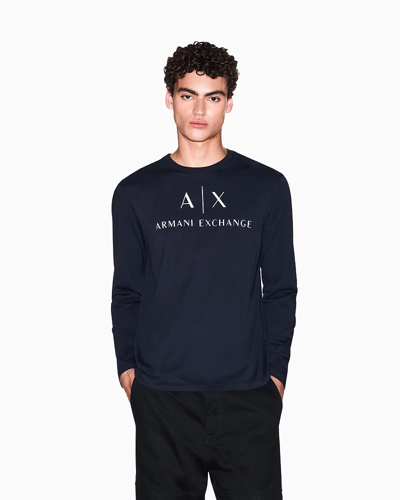 Armani Exchange - Long sleeve T-shirt with logo prints, Man, Navy Blue, Size:
