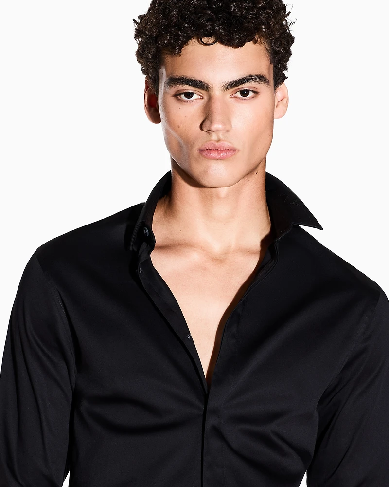 Armani Exchange - Black long-sleeved stretch cotton shirt, Man, Black, Size:
