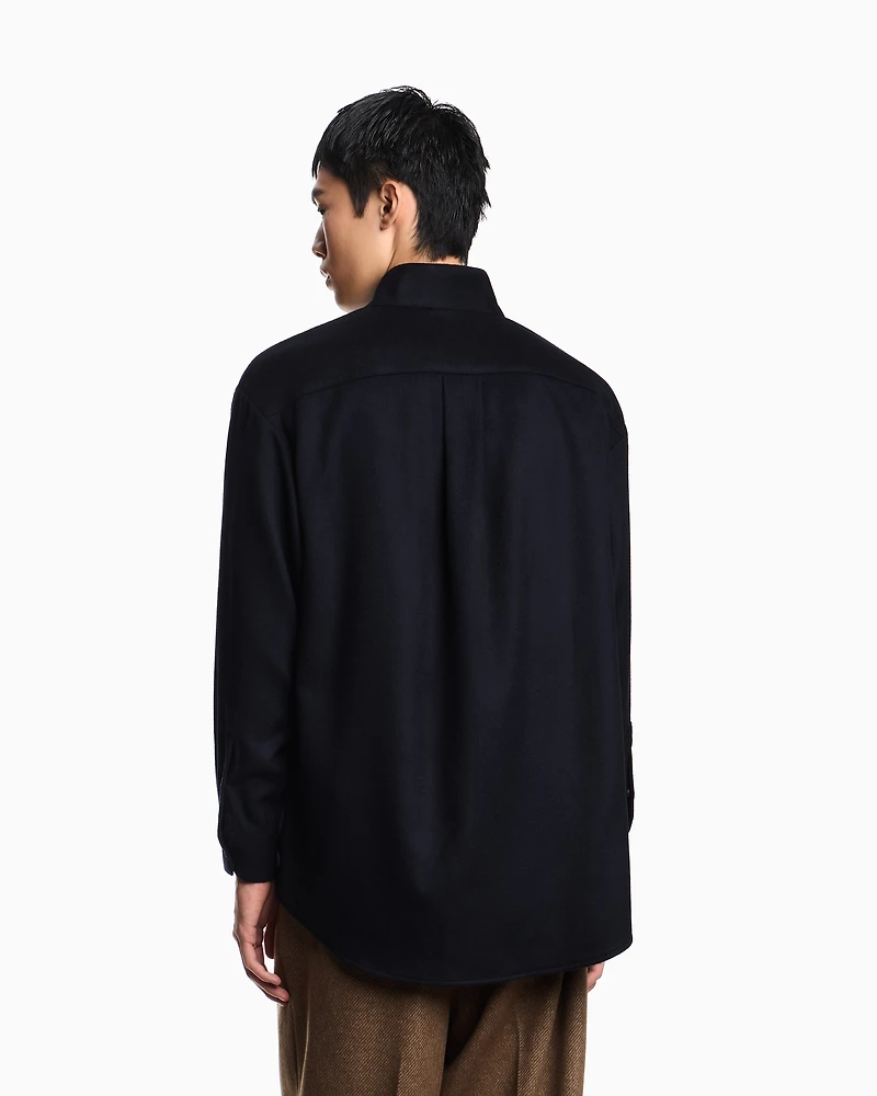 Emporio Armani - Virgin-wool oversized shirt with a guru collar , Man, Navy Blue, Size: