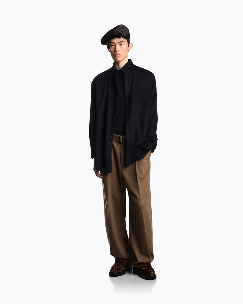 Emporio Armani - Virgin-wool oversized shirt with a guru collar , Man, Navy Blue, Size: