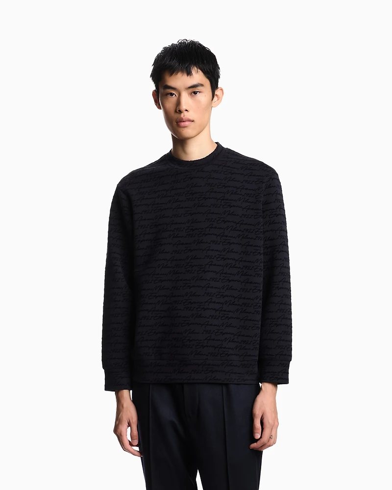 Emporio Armani - ASV Lyocell-blend jersey sweatshirt with all-over flocked logo, Man, Navy Blue, Size: