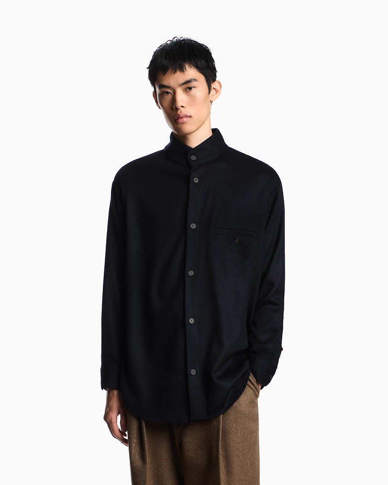 Emporio Armani - Virgin-wool oversized shirt with a guru collar , Man, Navy Blue, Size: