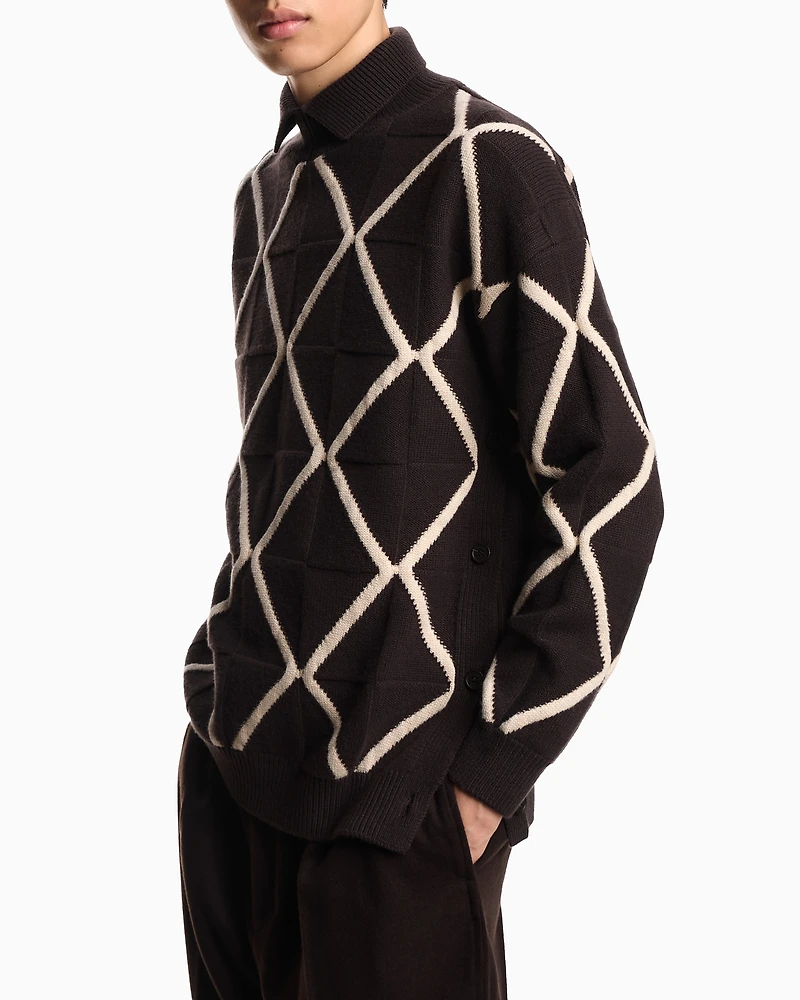Emporio Armani - Jacquard wool and cashmere blend jumper with a diamond motif, Man, Patterned, Size: