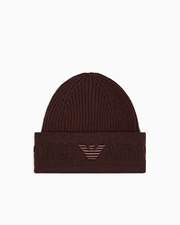 Emporio Armani - Wool beanie with logo brim, Man, Brown, Size: