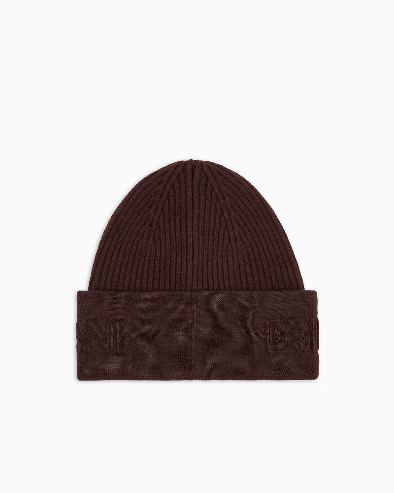 Emporio Armani - Wool beanie with logo brim, Man, Brown, Size: