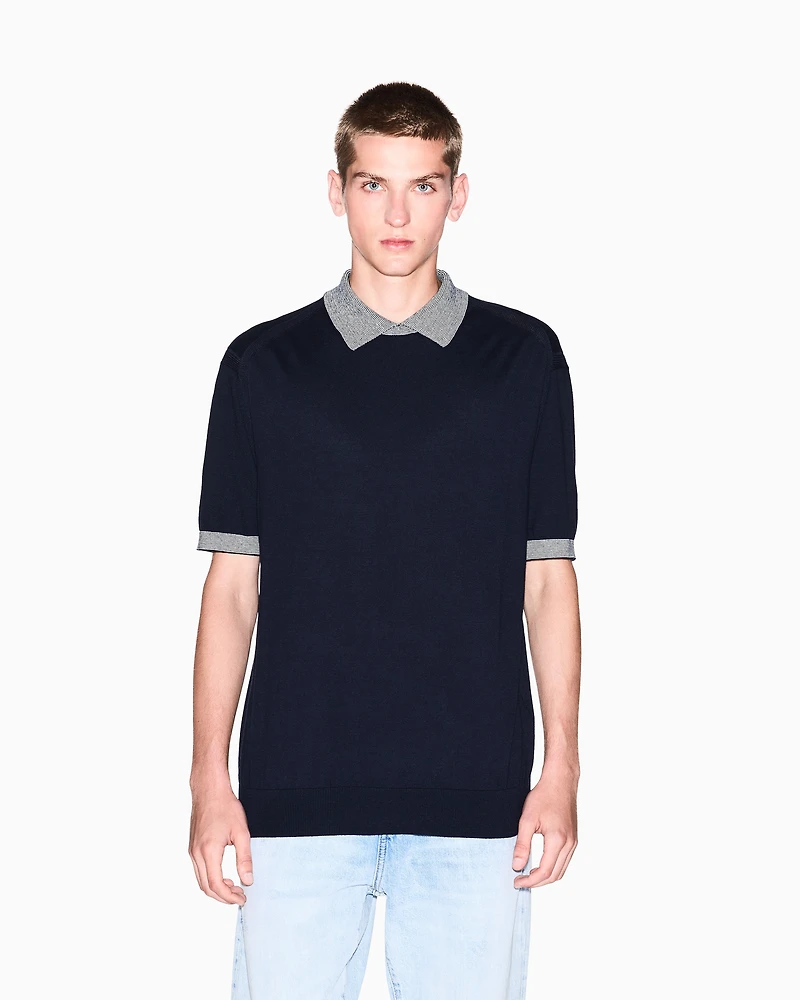 Armani Exchange - Knitted polo shirt with contrasting profiles, Man, Navy Blue, Size: