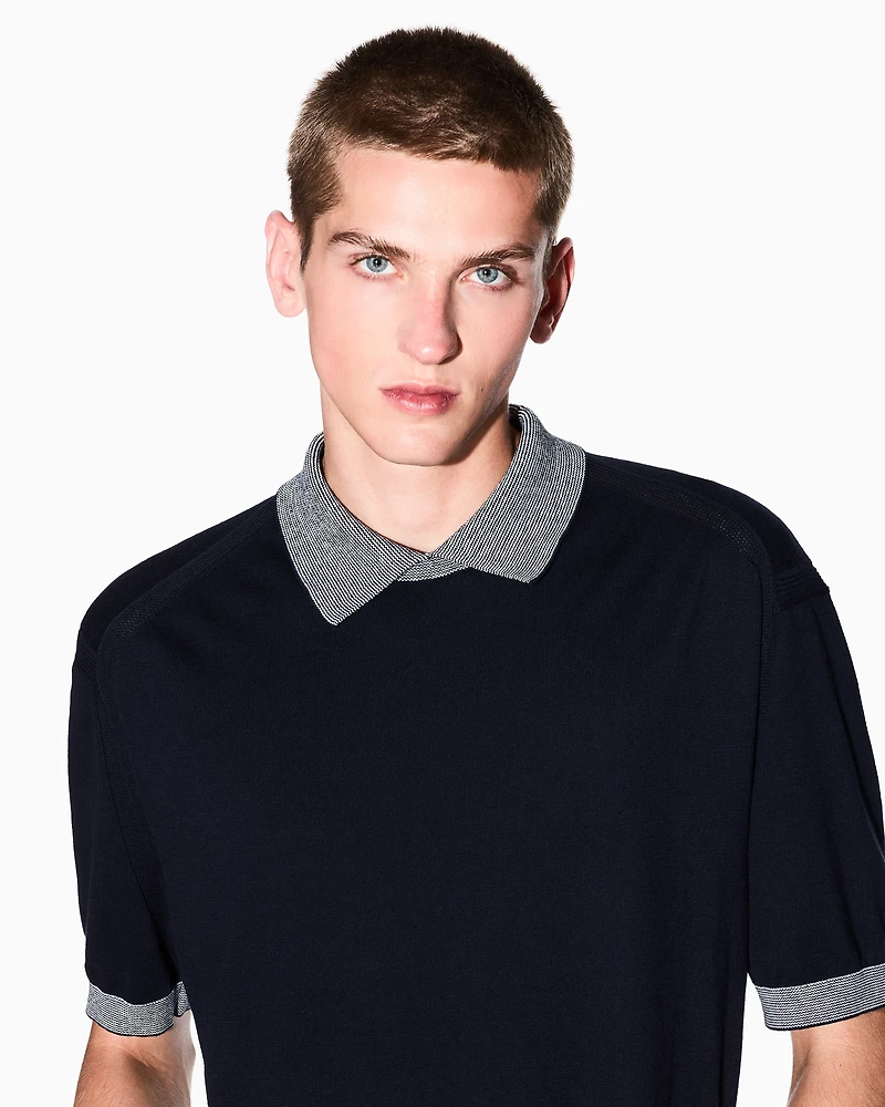 Armani Exchange - Knitted polo shirt with contrasting profiles, Man, Navy Blue, Size: