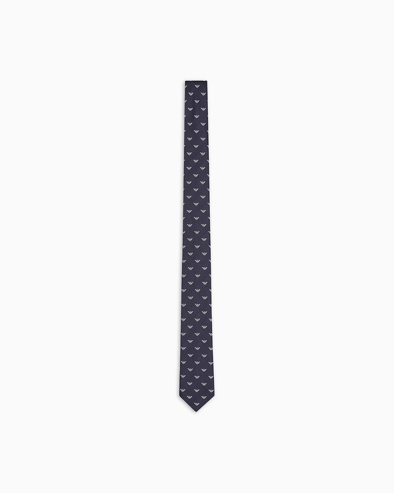 Emporio Armani - Pure silk tie with all-over jacquard micro-eagle, Man, Navy Blue, Size: TU