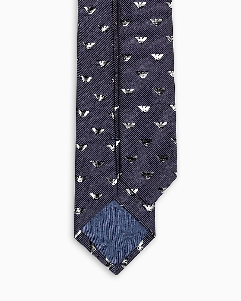 Emporio Armani - Pure silk tie with all-over jacquard micro-eagle, Man, Navy Blue, Size: TU