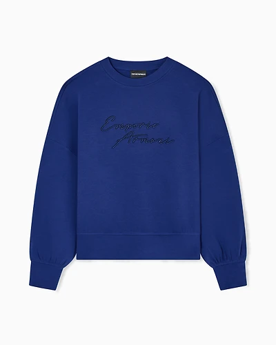 Emporio Armani - ASV double-jersey crew-neck sweatshirt with logo embroidery, Woman, Blue, Size: