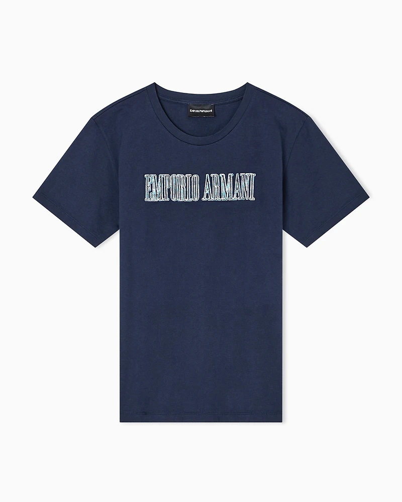 Emporio Armani - ASV organic jersey T-shirt with multicoloured logo embroidery, Woman, Navy Blue, Size: