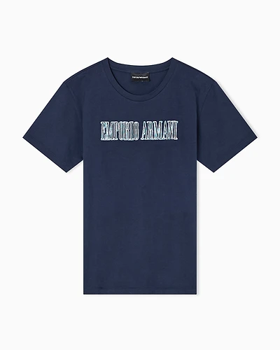 Emporio Armani - ASV organic jersey T-shirt with multicoloured logo embroidery, Woman, Navy Blue, Size: