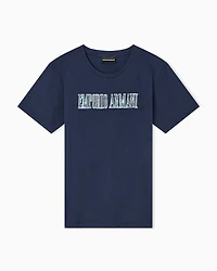 Emporio Armani - ASV organic jersey T-shirt with multicoloured logo embroidery, Woman, Navy Blue, Size: