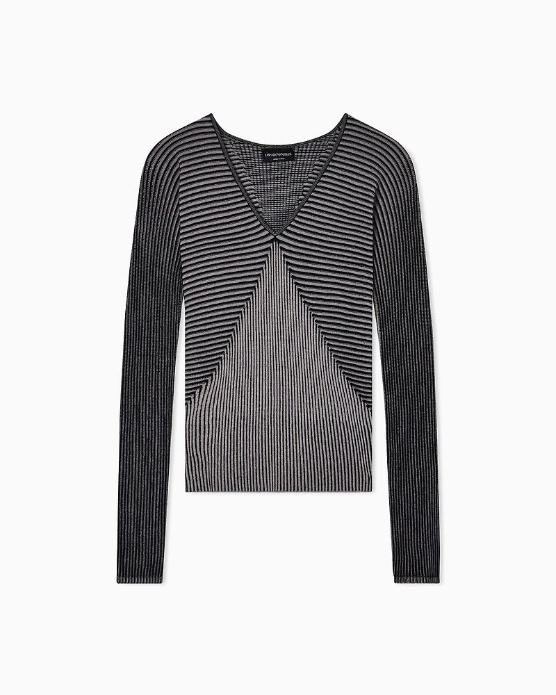 Emporio Armani - V-neck jumper with striped links-stitched details, Woman, Black, Size: