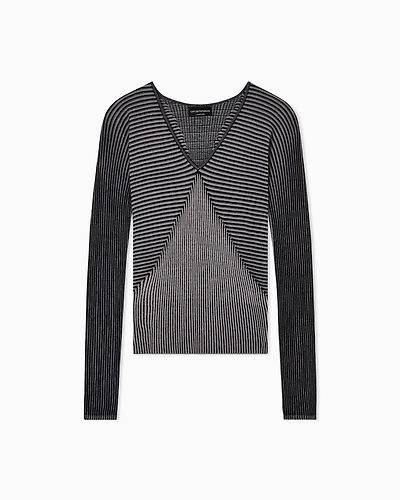 Emporio Armani - V-neck jumper with striped links-stitched details, Woman, Black, Size: