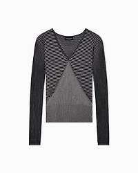 Emporio Armani - V-neck jumper with striped links-stitched details, Woman, Black, Size:
