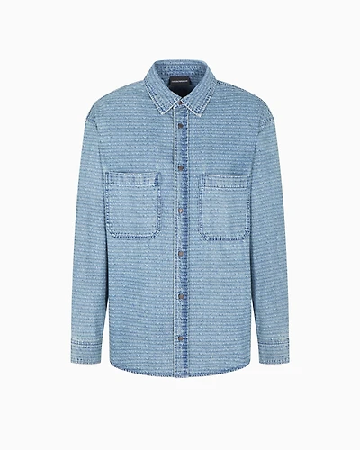 Emporio Armani - Comfort-fit denim shirt with all-over logo lettering print, Man, Blue, Size:
