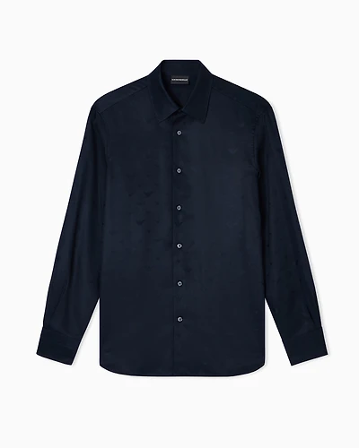 Emporio Armani - Jacquard Lyocell shirt with all-over eagles, Man, Blue, Size: