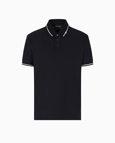 Emporio Armani - Piqué polo shirt with micro eagle embroidery and trim, Man, Navy Blue, Size: