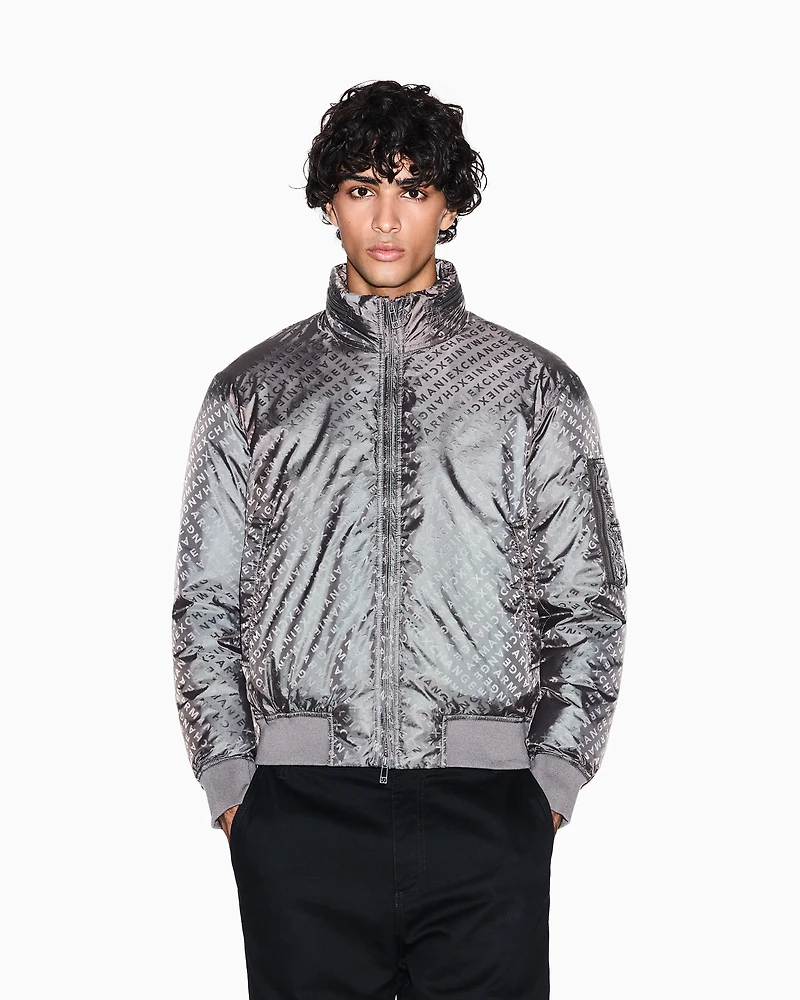Armani Exchange - ALLOVER LOGO LETTERING BOMBER JACKET, Man, Grey, Size: