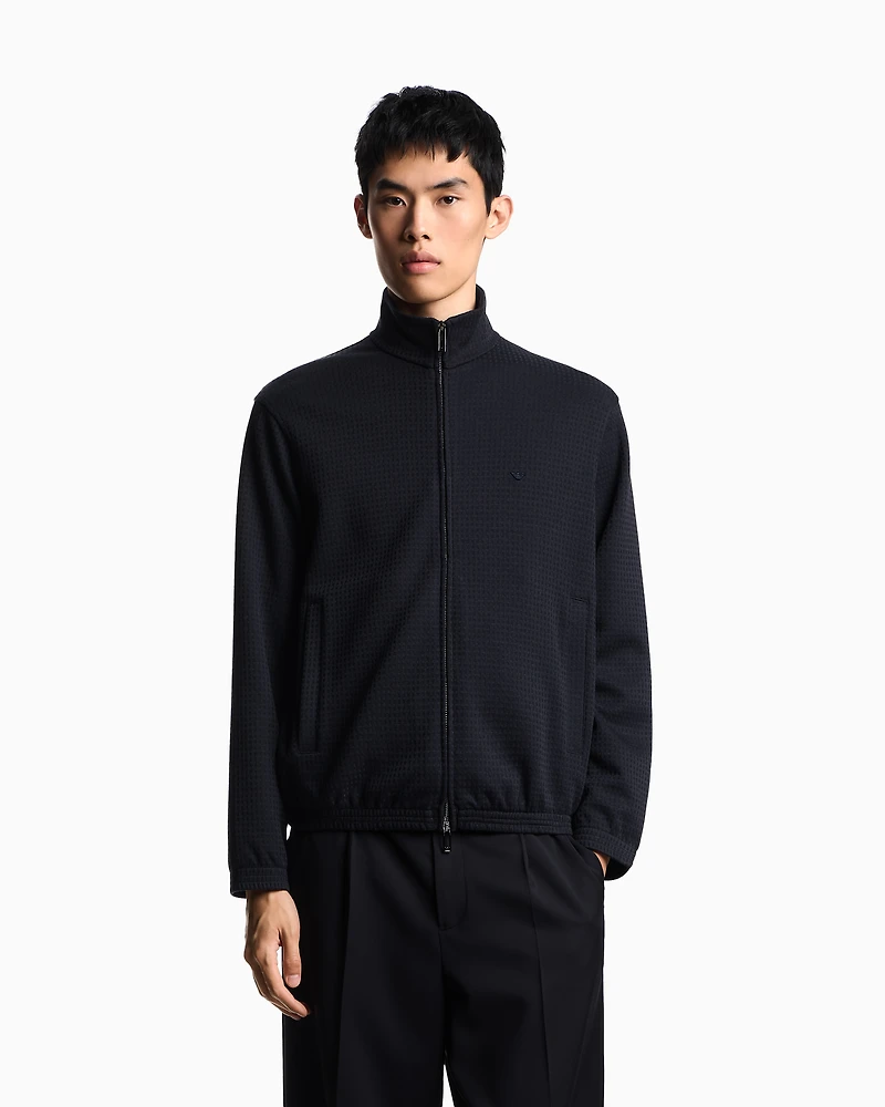 Emporio Armani - ASV full-zip sweatshirt Lyocell-blend jacquard jersey, Man, Navy_blue, Size: