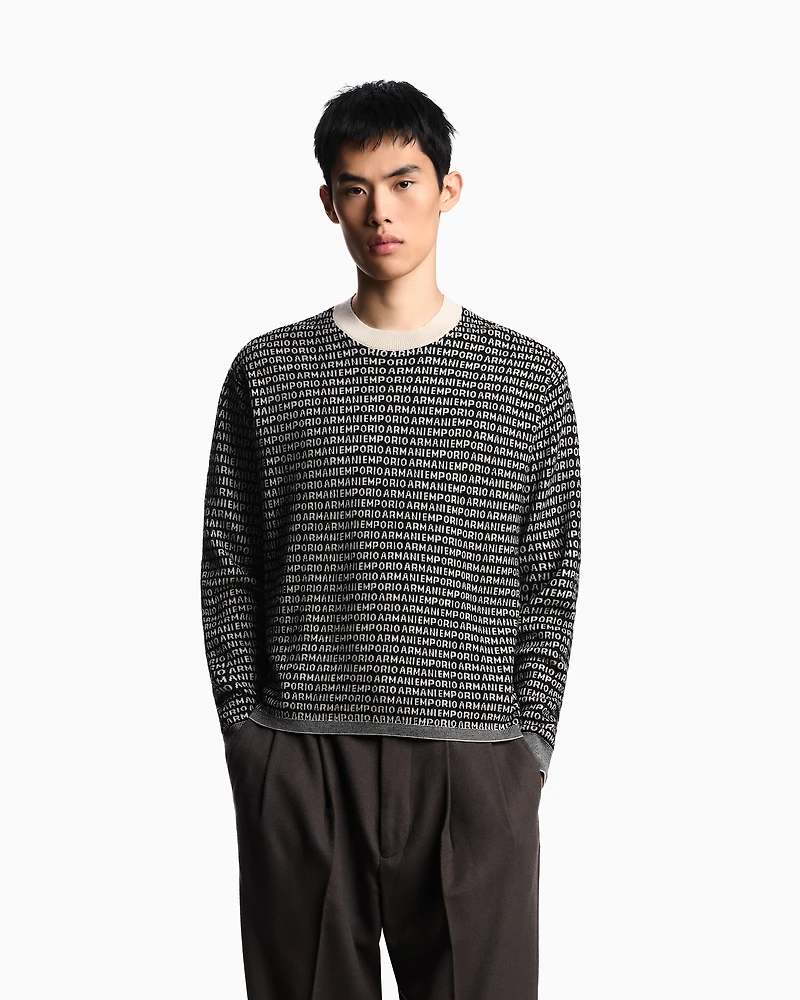 Emporio Armani - Virgin-wool jumper with all-over jacquard signature logo, Man, Black, Size: