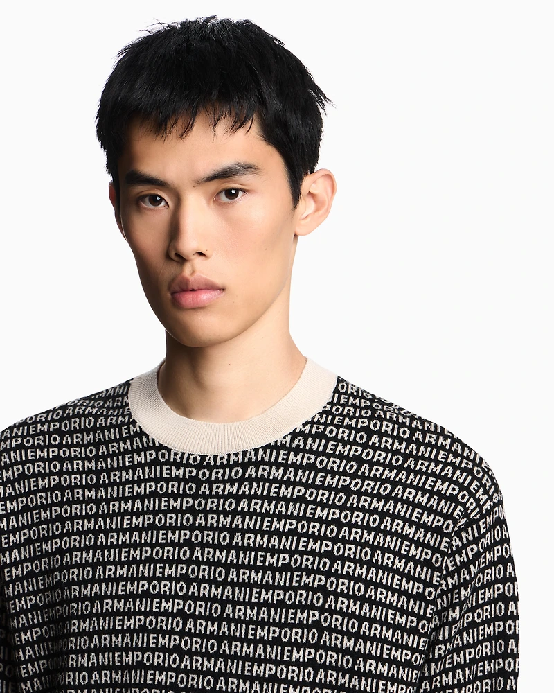 Emporio Armani - Virgin-wool jumper with all-over jacquard signature logo, Man, Black, Size: