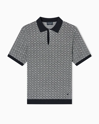 Emporio Armani - Icon polo-collar jumper chevron-motif jacquard, Man, Blue, Size: