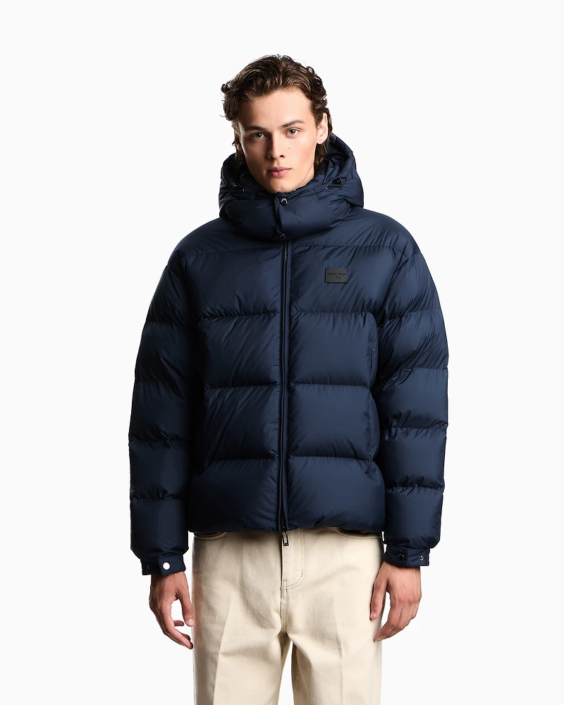 Emporio Armani - Water-repellent, quilted ripstop nylon hooded down jacket, Man, Navy_blue, Size: