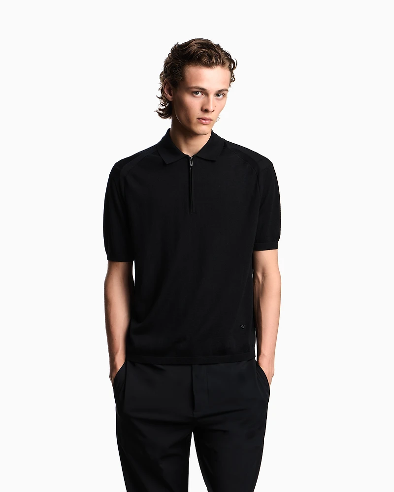 Emporio Armani - ASV plain-knit jumper with polo-shirt collar, a wool and Lyocell blend, Man, Black, Size: