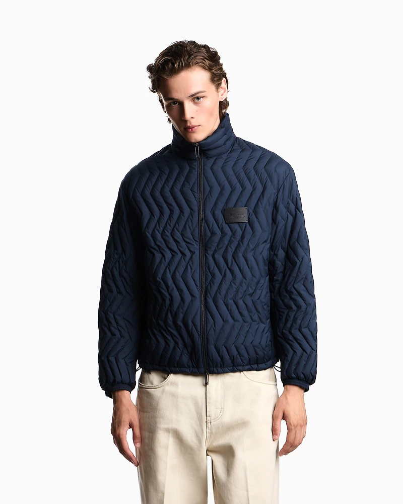 Emporio Armani - Full-zip down jacket chevron quilted ripstop nylon, Man, Navy Blue, Size: