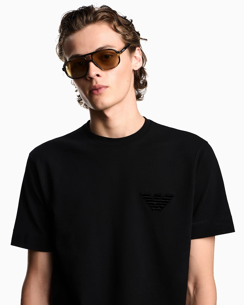 Emporio Armani - Piqué jersey T-shirt with eagle patch, Man, Black, Size: