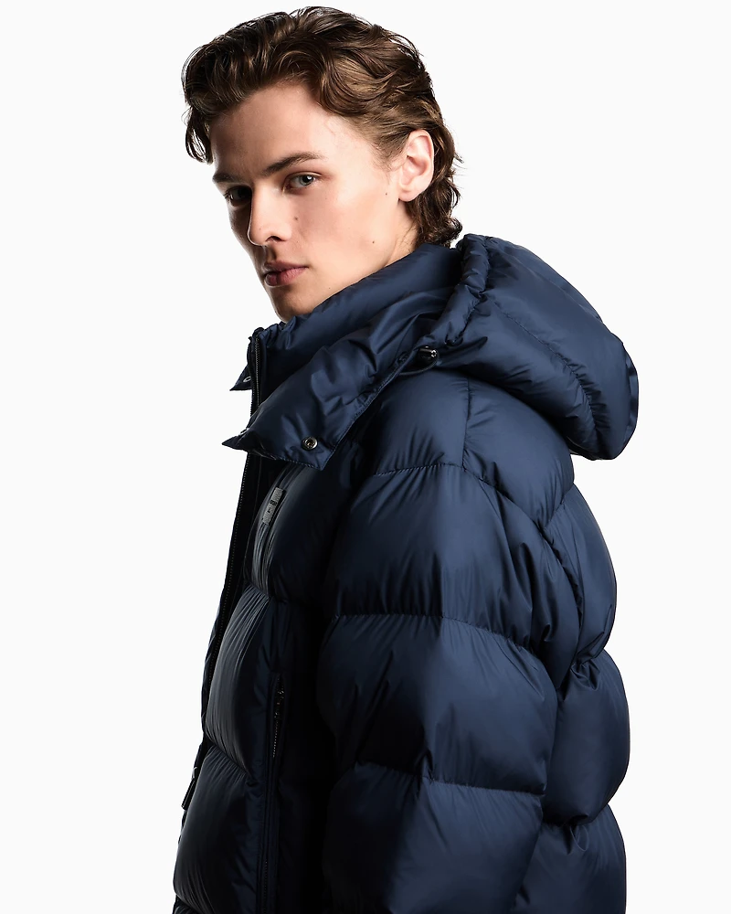 Emporio Armani - Water-repellent, quilted ripstop nylon hooded down jacket, Man, Navy_blue, Size:
