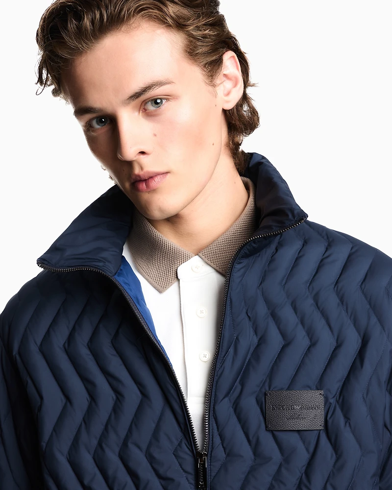 Emporio Armani - Full-zip down jacket chevron quilted ripstop nylon, Man, Navy Blue, Size: